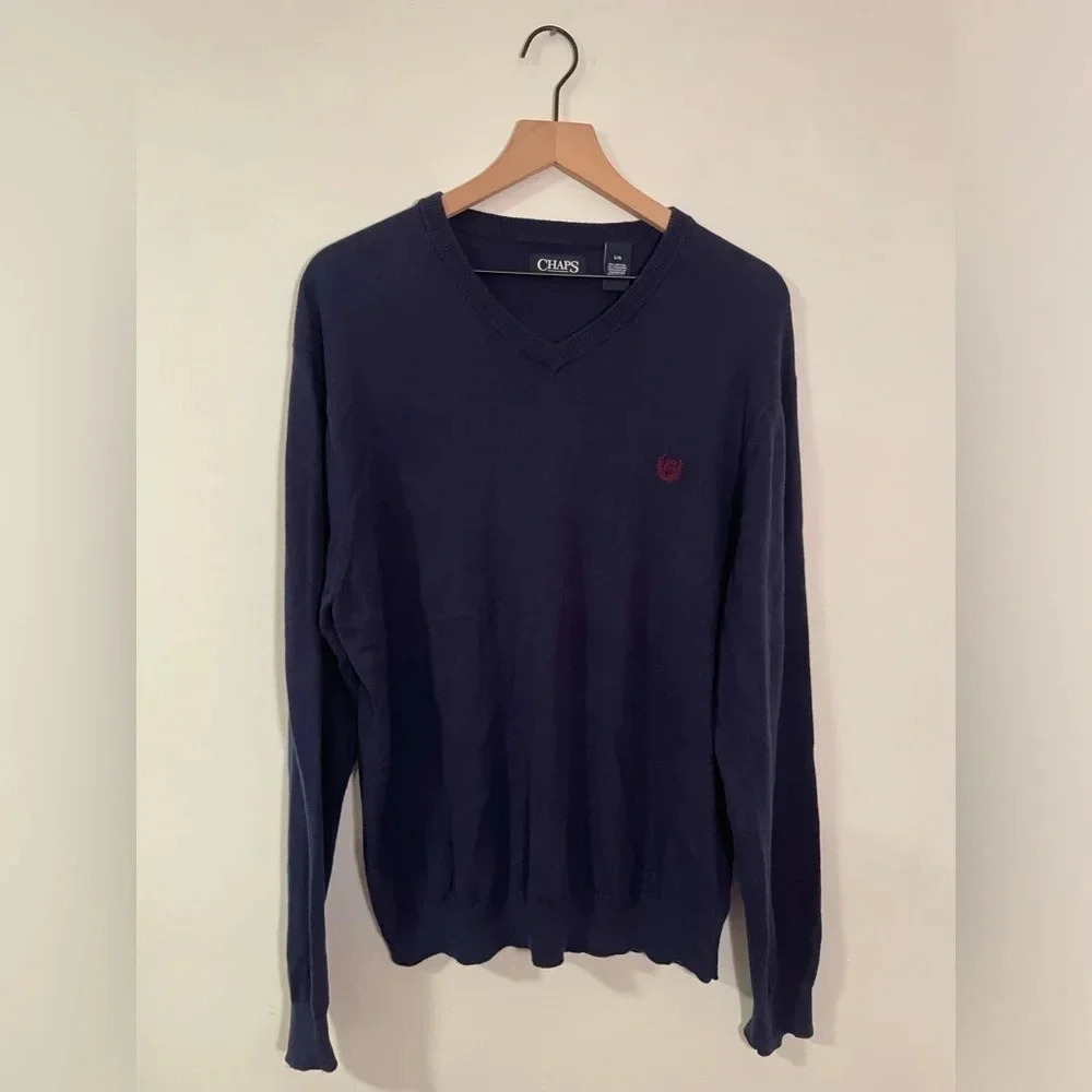 Chaps Cotton/Cashmere Blend Men’s V-Neck Navy Sweater, Large, EUC